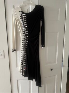 Black and White Long-Sleeve Evening Dress with Crystal Accent